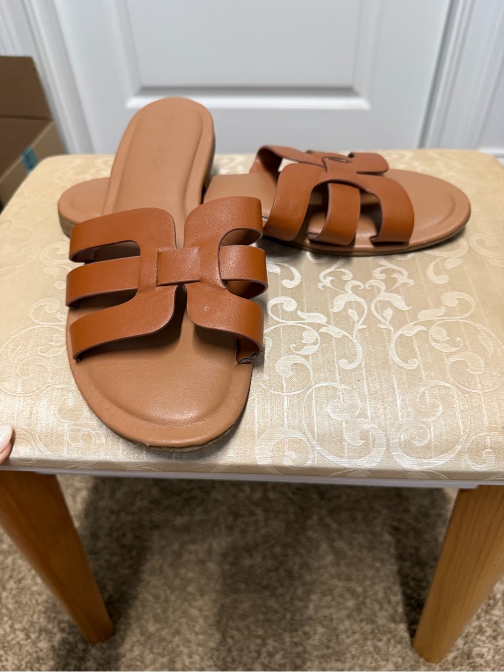 Women's Tan Slide Sandals with Decorative Cutout Strap